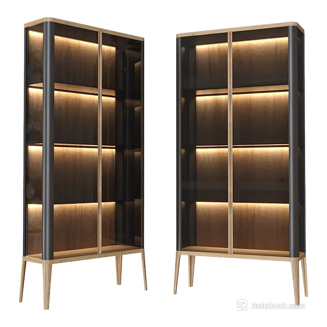 Modern Display Cabinet with Wooden Panels Glass Doors Internal Lighting and Golden Frame Design 3d model 