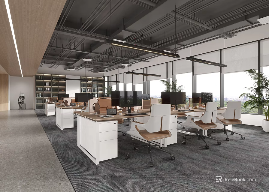 Modern Public Office Space Design With Ergonomic Desks Computers Green Plants And Large Windows 3d model