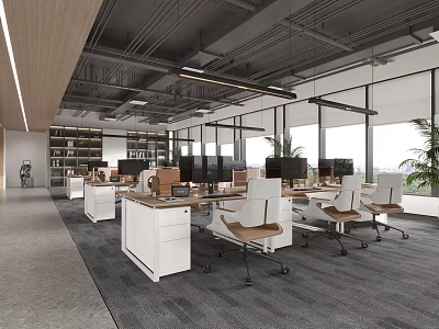 Modern Public Office Space Design With Ergonomic Desks Computers Green Plants And Large Windows 3d model