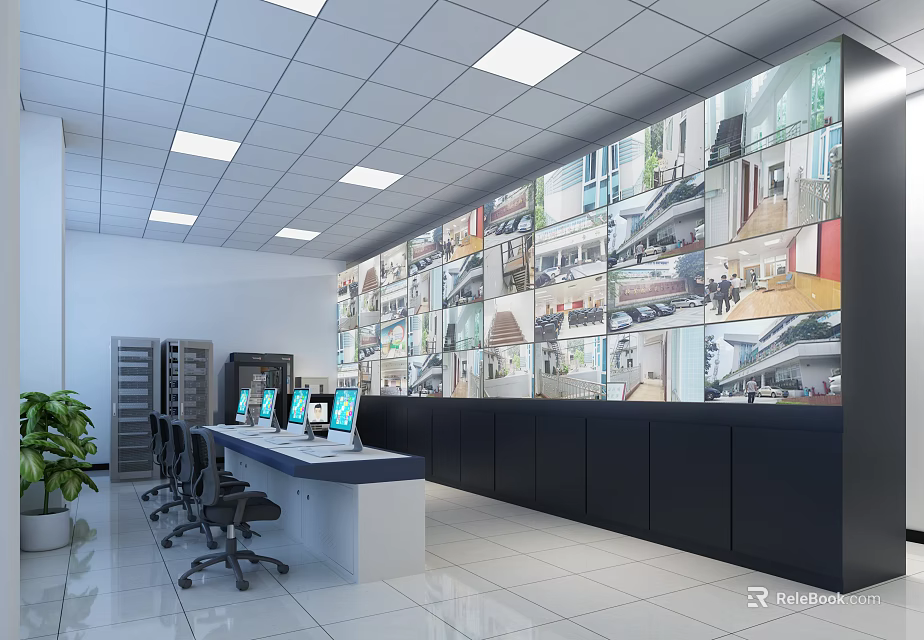 Modern Surveillance Control Room Interior With Large Monitor Wall Control Desk And Computers 3d model 