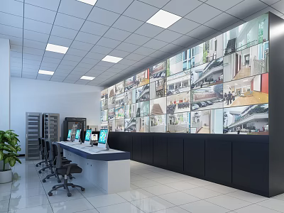 Modern Surveillance Control Room Interior With Large Monitor Wall Control Desk And Computers 3d model