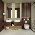 Modern Bathroom Interior With Double Vanity Sinks Wooden Cabinets Mirrors Glass Shower And Toilet