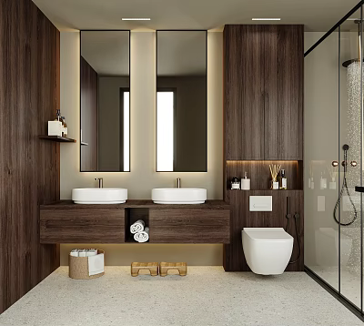 Modern Bathroom Interior With Double Vanity Sinks Wooden Cabinets Mirrors Glass Shower And Toilet 3d model