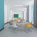 School Classroom With Large Windows Colorful Chairs Hexagonal Tables Turquoise Walls Whiteboard And Ceiling Lights