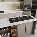 Modern Kitchen Interior With Gray Cabinets Marble Countertop Wine Rack And Stainless Steel Range Hood