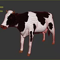 Black and White Spotted Cow Standing with Yellow Hooves and Red Nose on Gray Background
