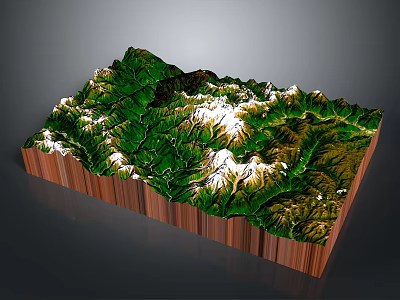 Detailed 3D Topographic Model With Green Mountain Ranges And Snowy Peaks On Wooden Base 3d model