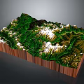 Detailed 3D Topographic Model With Green Mountain Ranges And Snowy Peaks On Wooden Base