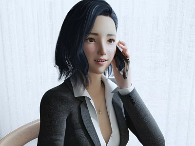 Business Woman With Dark Short Hair Wearing Blazer White Shirt Sitting On Chair Talking Phone 3d model