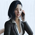 Business Woman With Dark Short Hair Wearing Blazer White Shirt Sitting On Chair Talking Phone