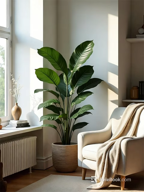 Hanging Basket Plant with Large Green Leaves in Bright Indoor Living Room 3d model 