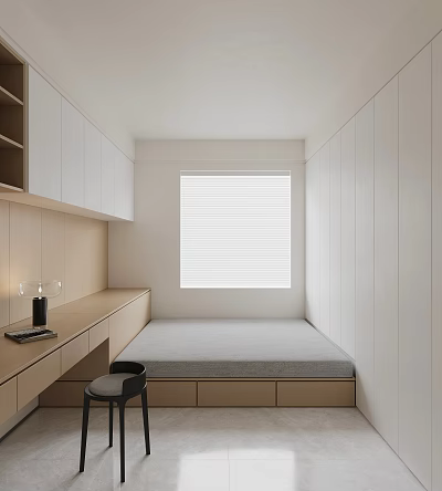 Modern Minimalist Tatami Bedroom Interior With Tatami Bed Desk Cabinets And Blinds 3d model