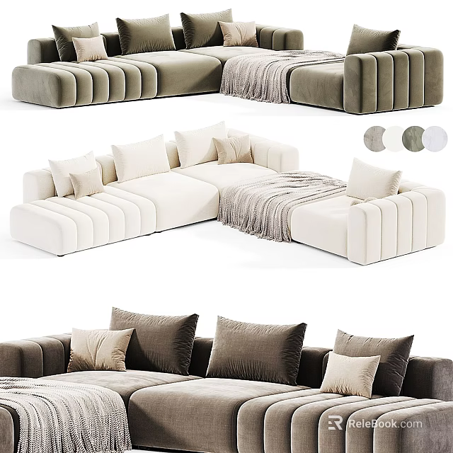 Cream And Deep Brown Modern Sectional Sofa With Plush Pillows And Soft Throw Blanket 3d model 