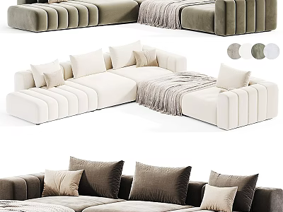 Cream And Deep Brown Modern Sectional Sofa With Plush Pillows And Soft Throw Blanket 3d model