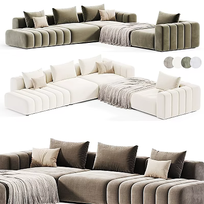 Cream And Deep Brown Modern Sectional Sofa With Plush Pillows And Soft Throw Blanket 3d model