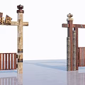 Two Traditional Wooden Gates for Children's Park with Decorative Pillars and Beams