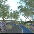Scenic Park Landscape With Lush Green Trees Colorful Flowers And Curved Blue Pathway