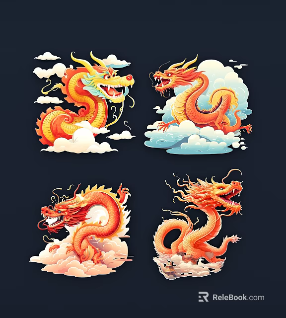 Chinese Traditional Dragon Themed Wall Decor With Red Gold Cloud Patterns 3d model