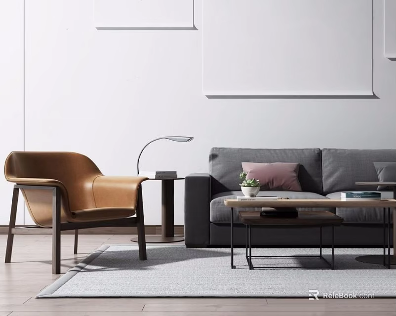 Modern Sofa And Coffee Table Set With Brown Accent Chair Floor Lamp Pillows And Grey Rug 3d model 