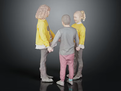 Three Children Holding Hands Together in Yellow and Gray Shirts Against Dark Background 3d model
