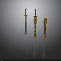 Ornate Decorative Swords With Golden Red Handles And Intricate Patterns