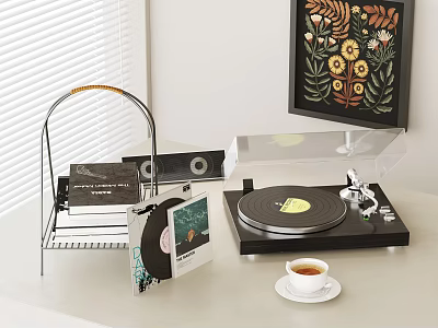 Decorative Ornament Set with Vinyl Records Turntable Metal Rack Teacup and Decorative Painting 3d model