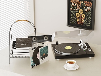 Record Player Audio Ornaments Coffee Cup Decorative Painting Ornaments Combination 3d model