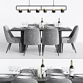 Stylish Dining Table Set With Gray Chairs Wine Bottles And Glasses 3d model