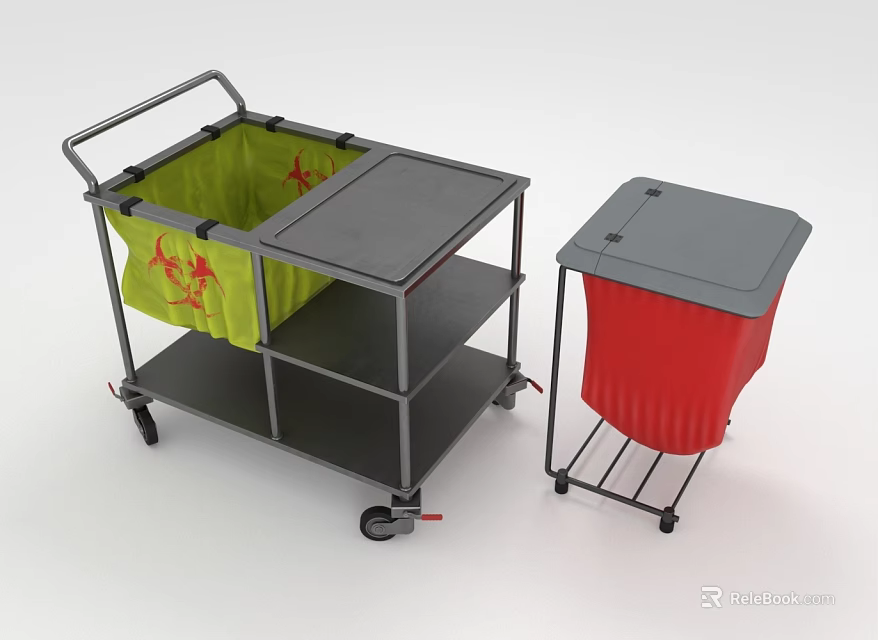 Gray Trolley With Green Bag And Shelves And Red Lined Trash Bin On Wheels 3d model 