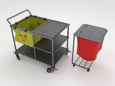 Gray Trolley With Green Bag And Shelves And Red Lined Trash Bin On Wheels 3d model