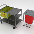 Gray Trolley With Green Bag And Shelves And Red Lined Trash Bin On Wheels