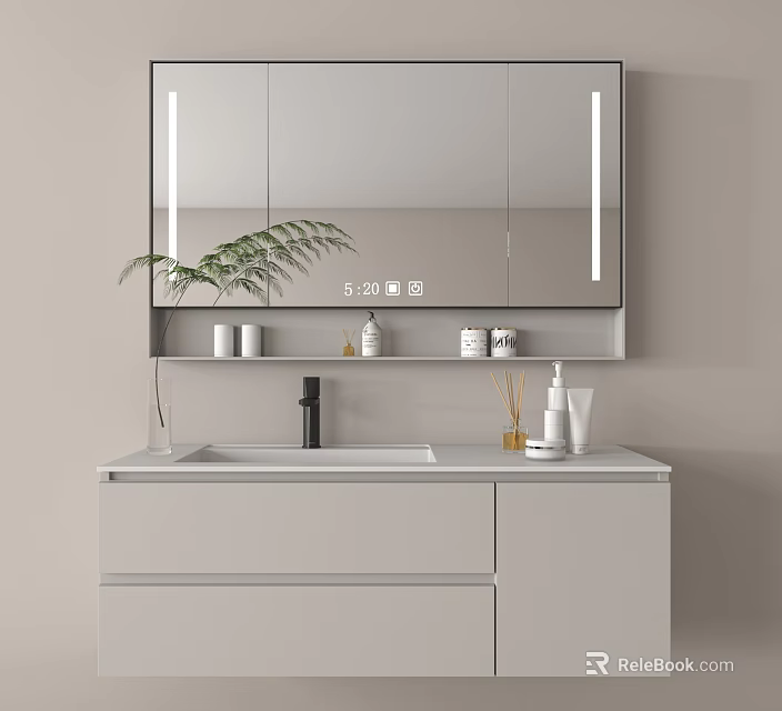 Modern Bathroom Vanity With Lighted Mirror Light Gray Cabinet And Green Plant Toiletries 3d model 