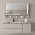 Modern Bathroom Vanity With Lighted Mirror Light Gray Cabinet And Green Plant Toiletries