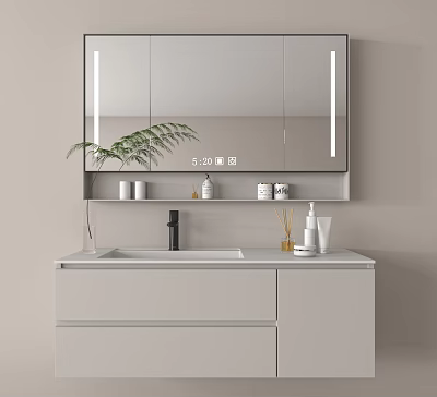 Modern Bathroom Vanity With Lighted Mirror Light Gray Cabinet And Green Plant Toiletries 3d model