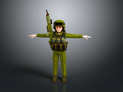 Game Movie 3D Character In Green Military Uniform Carrying Rifle With Arms Outstretched 3d model