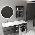 Modern Bathroom Cabinet With Washing Machine Round Mirror Black Wall Cabinet And Marble Countertop