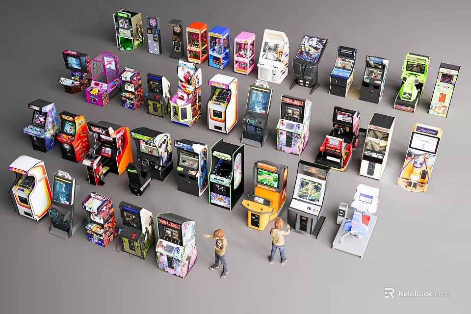 Public Arcade Game Machines in Various Colors and Styles with Miniature Figures 3d model 