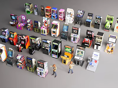 Public Arcade Game Machines in Various Colors and Styles with Miniature Figures 3d model