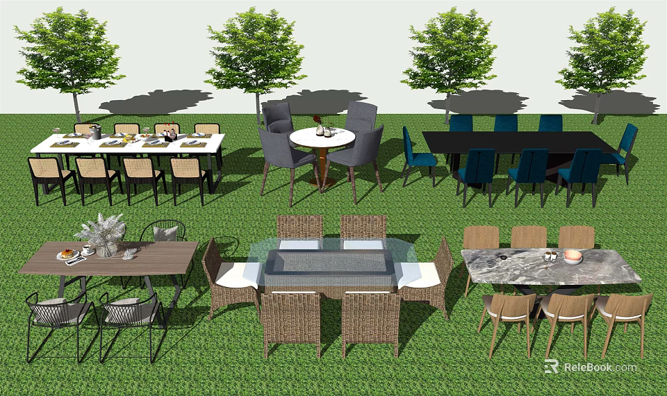 Outdoor Patio Table And Chair Sets With Rattan Seats On Green Lawn 3d model 