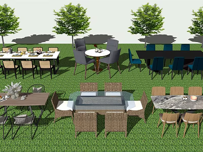 Outdoor Patio Table And Chair Sets With Rattan Seats On Green Lawn 3d model