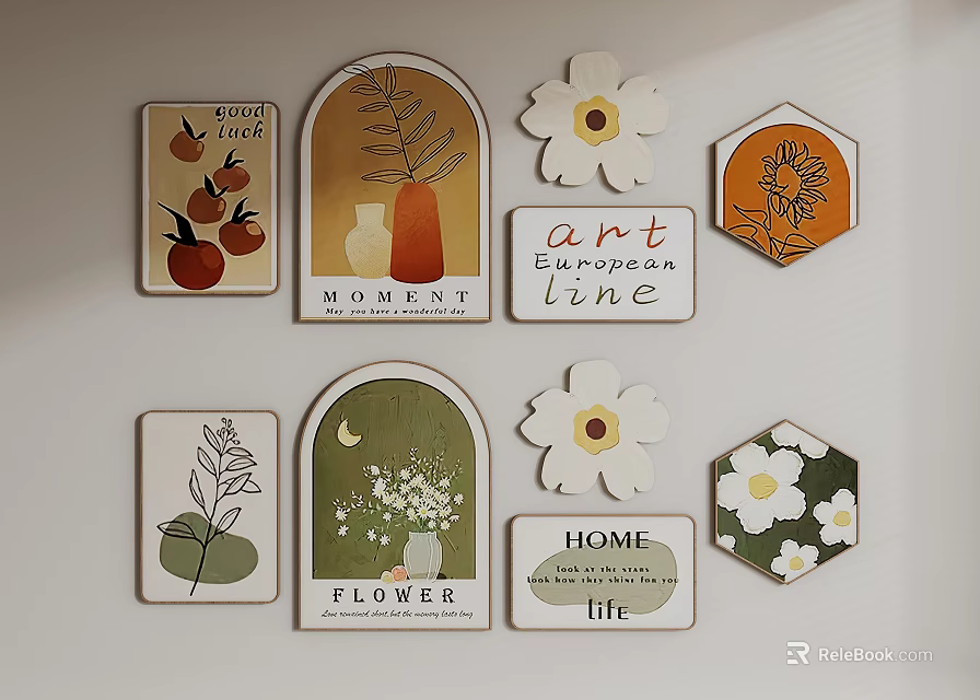 Artistic Wall Decor With Various Shaped Floral And Typography Prints 3d model