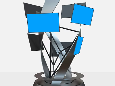 Multiple Square Blue And Black TVs In Sculptural Metal Frame With Circular Base 3d model