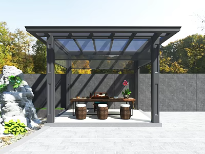 Villa Balcony Outdoor Leisure Space With Glass Roof Rockery Green Plants And Wooden Table Stools 3d model