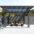 Villa Balcony Outdoor Leisure Space With Glass Roof Rockery Green Plants And Wooden Table Stools