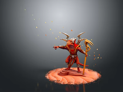 Red Demon Man with Horns Holding Staff and Golden Particles on Red Base 3d model