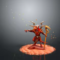 Red Demon Man with Horns Holding Staff and Golden Particles on Red Base