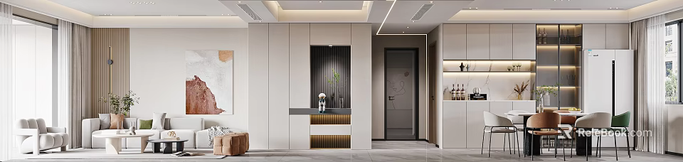 Modern Living Dining Room Interior Design With Open Layout Dining Table And Sofa 3d model