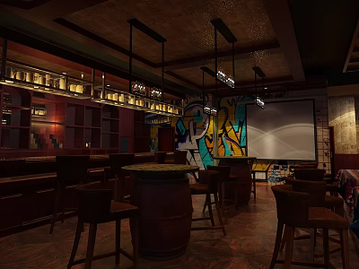 Artistic Bar Interior With Bar Counter Wine Racks Hanging Lights Colorful Mural And Barrel Tables 3d model