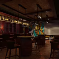 Artistic Bar Interior With Bar Counter Wine Racks Hanging Lights Colorful Mural And Barrel Tables