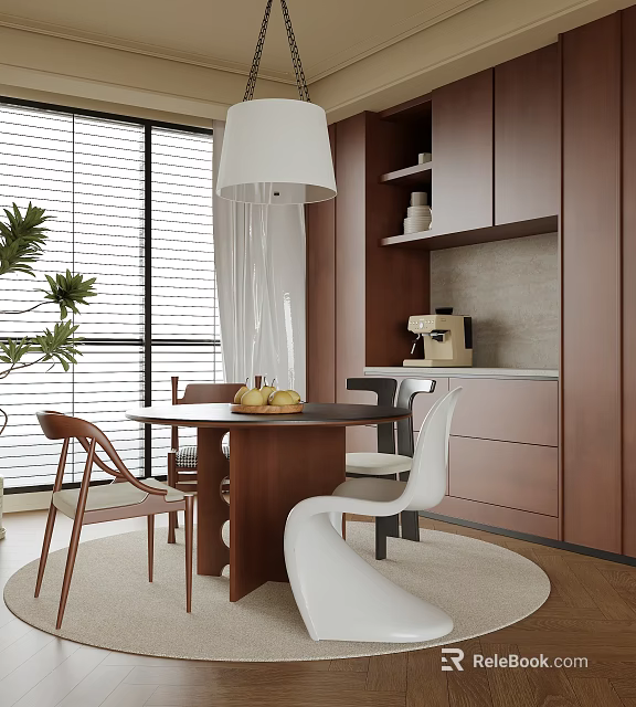 Modern Restaurant Interior With Large Windows White Pendant Lamp Round Dining Table And Brown Cabinets 3d model 